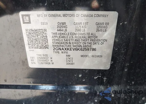 2019 Chevrolet Equinox Lt z USA, uszkodzony, nr VIN 2GNAXKEV6K6259786